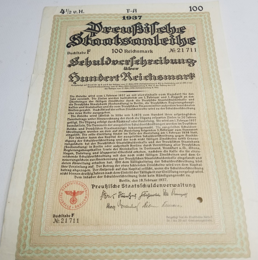 1937 YILI 100 ALMAN MARKI TAHVİL