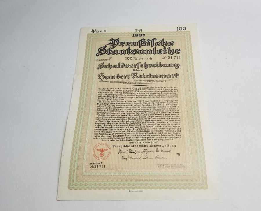 1937 YILI 100 ALMAN MARKI TAHVİL