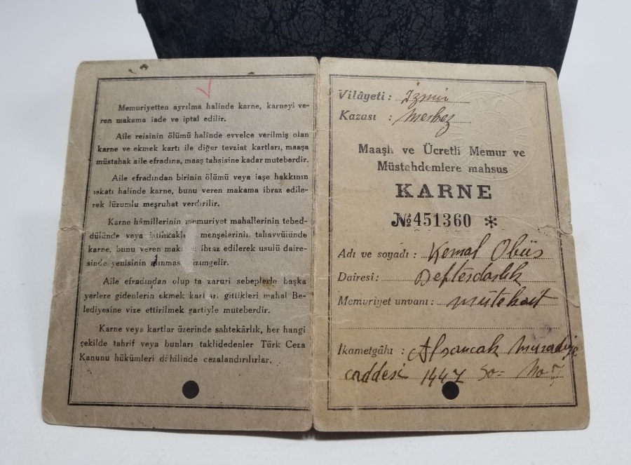 2. DÜNYA SAVAŞI DÖNEMİ NADİR EKMEK KARNESİ