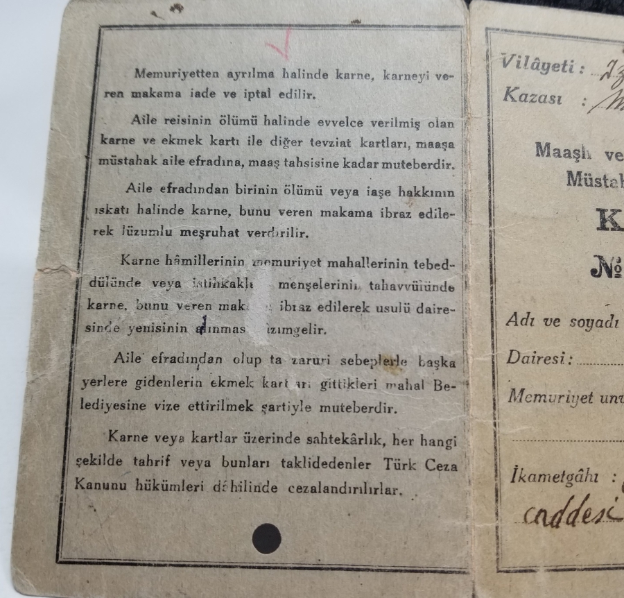 2. DÜNYA SAVAŞI DÖNEMİ NADİR EKMEK KARNESİ
