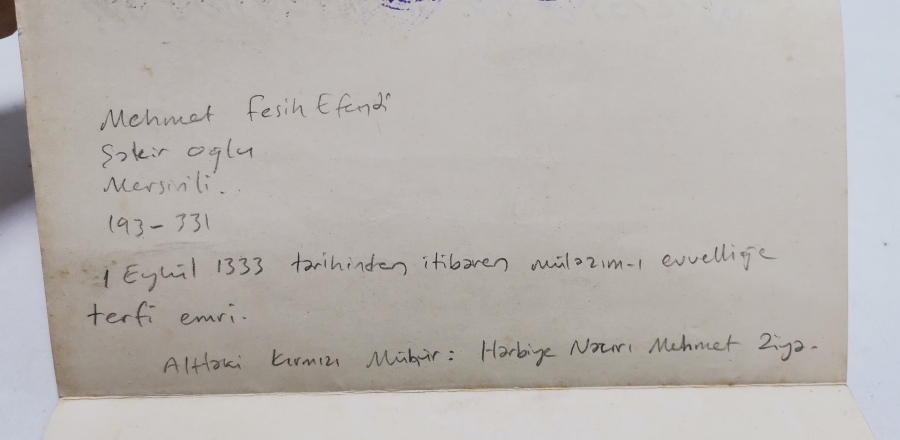 1. DÜNYA SAVAŞI DÖNEMİ SUBAY TERFİ BERATI