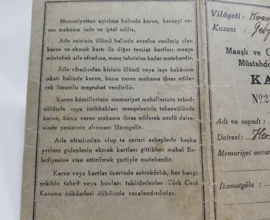 2. DÜNYA SAVAŞI DÖNEMİ NADİR EKMEK KARNESİ