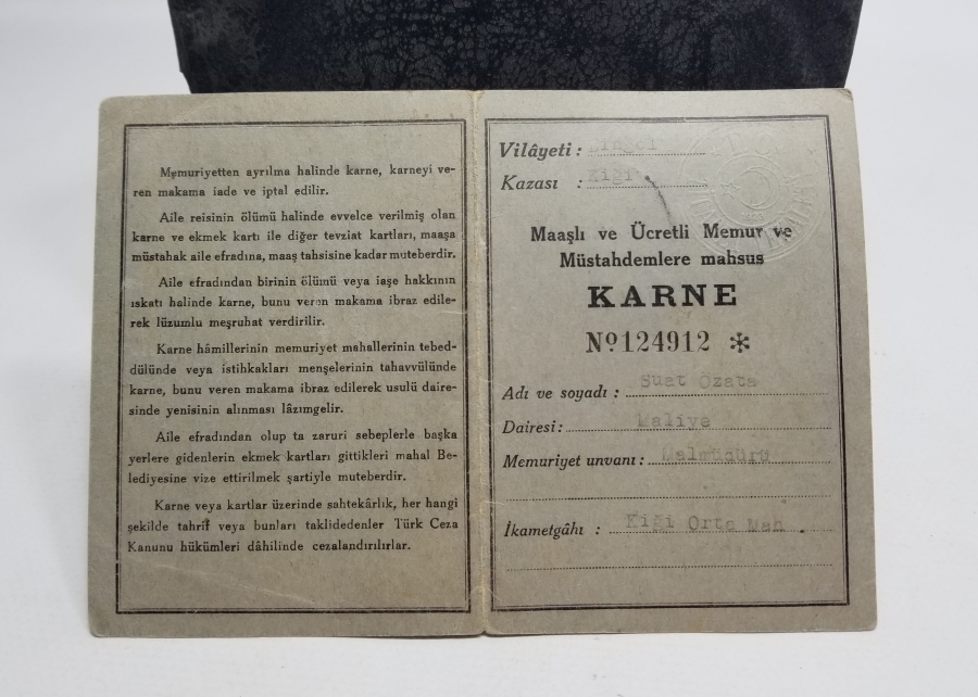 2. DÜNYA SAVAŞI DÖNEMİ NADİR EKMEK KARNESİ