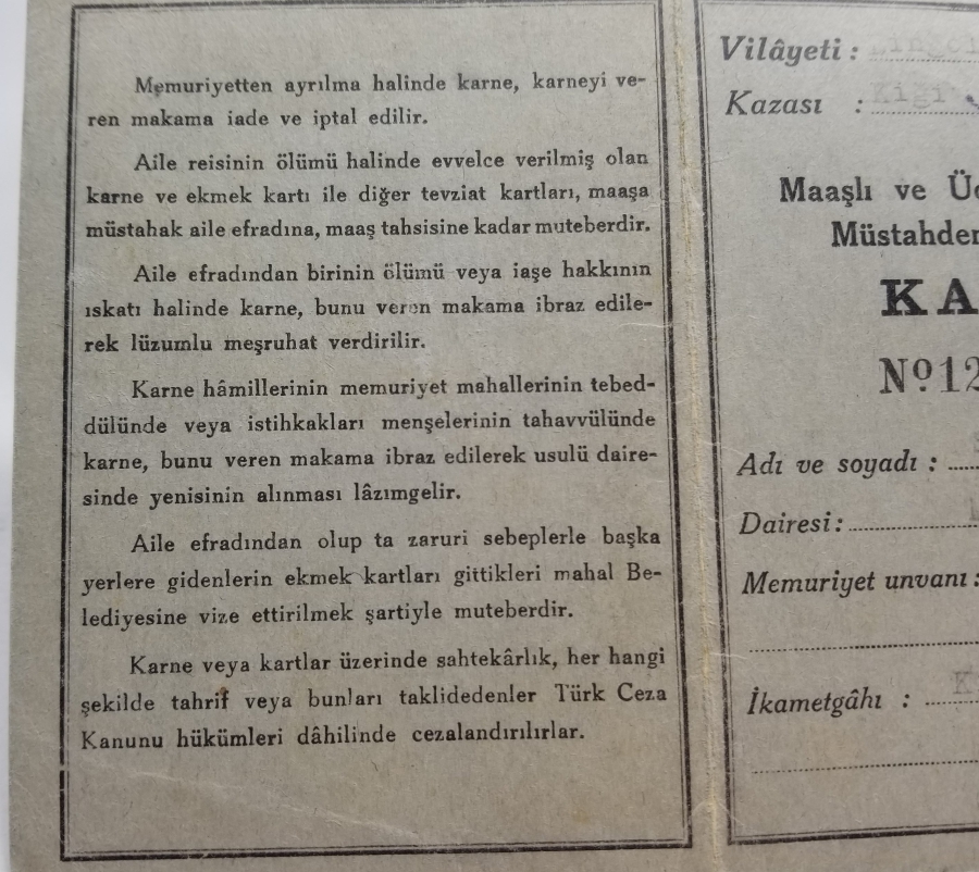2. DÜNYA SAVAŞI DÖNEMİ NADİR EKMEK KARNESİ