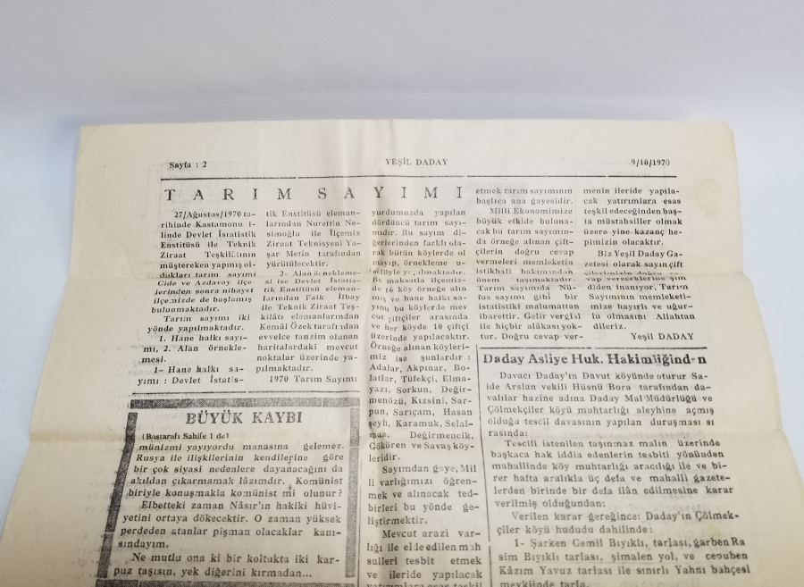 1970 TARİHLİ YEŞİL DADAY GAZETESİ