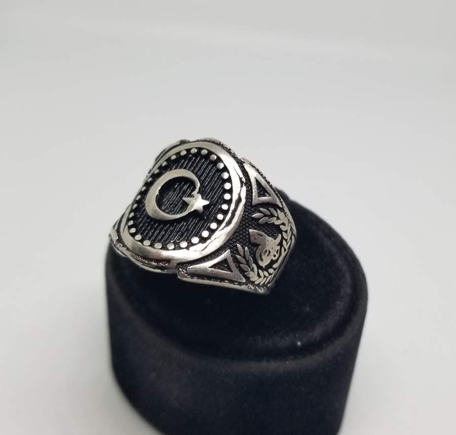 KABARTMA İŞÇİLİKLİ VE AY YILDIZLI GÜMÜŞ YÜZÜK