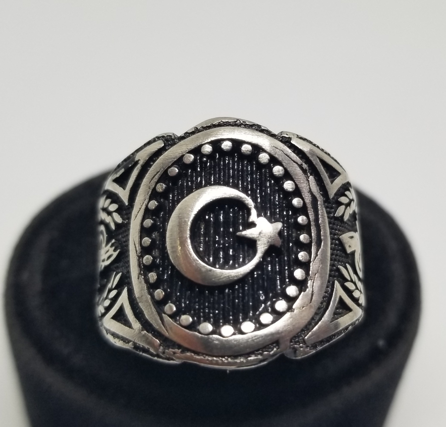 KABARTMA İŞÇİLİKLİ VE AY YILDIZLI GÜMÜŞ YÜZÜK