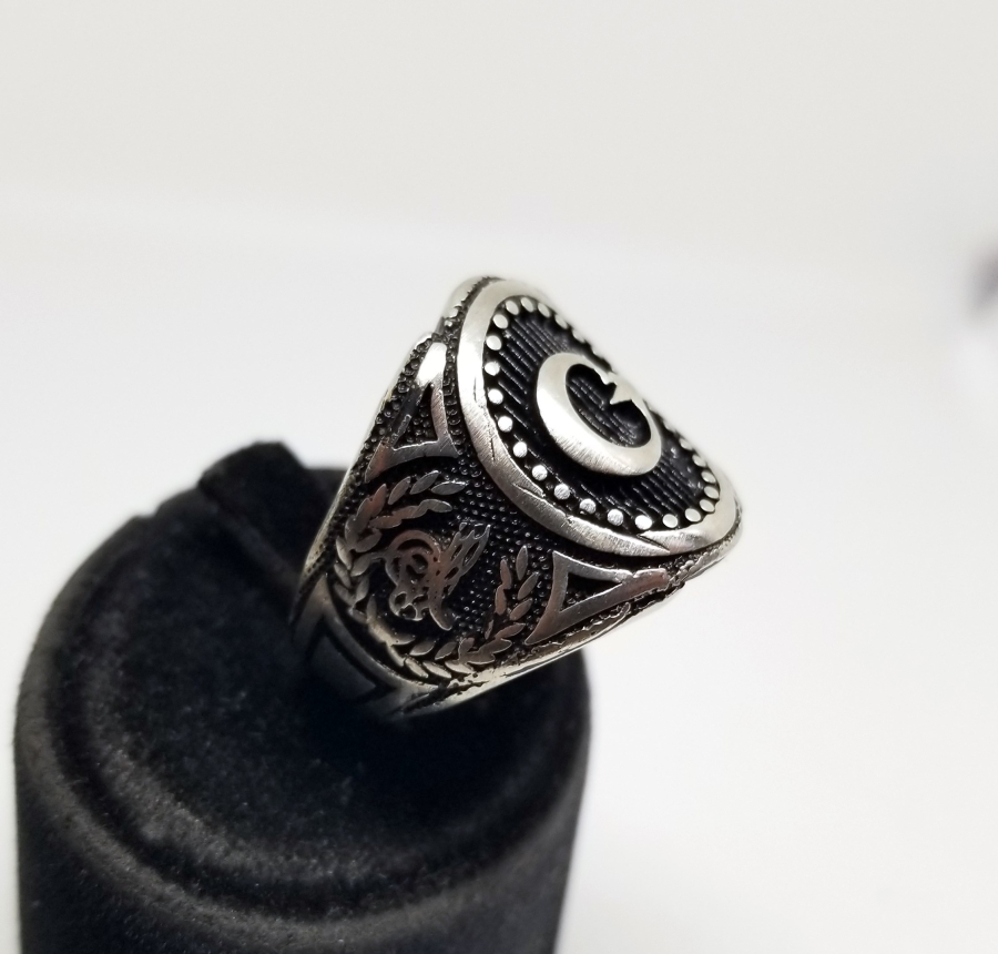 KABARTMA İŞÇİLİKLİ VE AY YILDIZLI GÜMÜŞ YÜZÜK