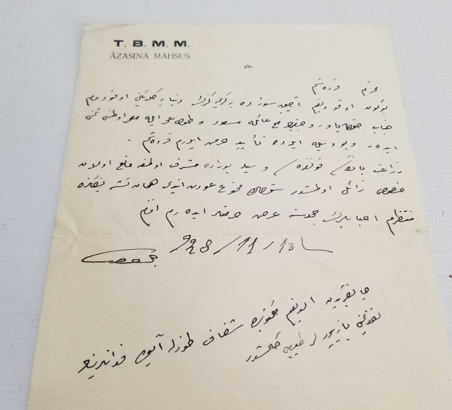 TBMM ANTETLİ KASTAMONU MİLLETVEKİLİ ÇORUKZADE HİLMİ BEY'İN OSMANLICA BAYRAM TEBRİĞİ İÇİN YAZDIĞI MEKTUP