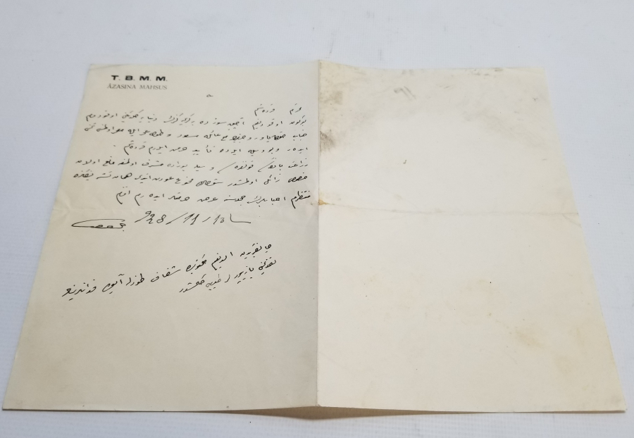 TBMM ANTETLİ KASTAMONU MİLLETVEKİLİ ÇORUKZADE HİLMİ BEY'İN OSMANLICA BAYRAM TEBRİĞİ İÇİN YAZDIĞI MEKTUP