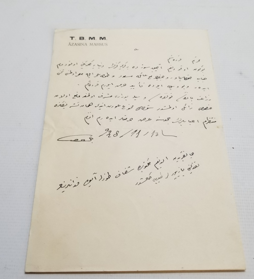 TBMM ANTETLİ KASTAMONU MİLLETVEKİLİ ÇORUKZADE HİLMİ BEY'İN OSMANLICA BAYRAM TEBRİĞİ İÇİN YAZDIĞI MEKTUP