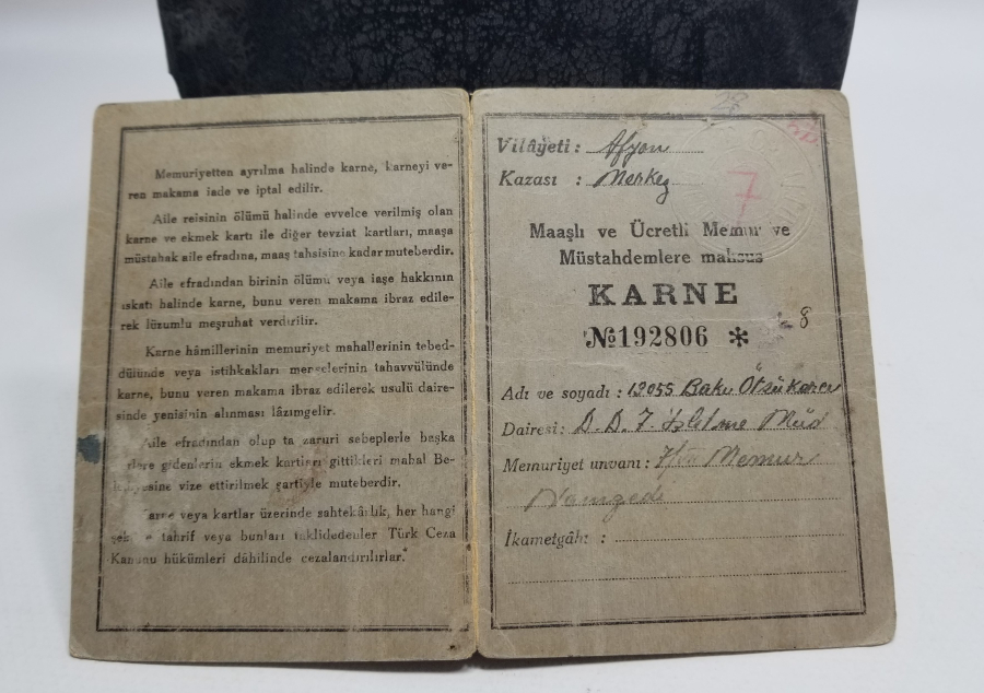 2. DÜNYA SAVAŞI DÖNEMİ DEVLET DEMİR YOLLAR MÜDÜRÜNE AİT NADİR EKMEK KARNESİ