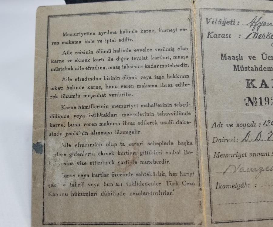 2. DÜNYA SAVAŞI DÖNEMİ DEVLET DEMİR YOLLAR MÜDÜRÜNE AİT NADİR EKMEK KARNESİ