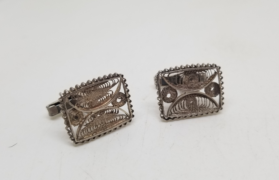 TELKARİ İŞÇİLİKLİ EL YAPIMI ANTİKA GÜMÜŞ ÇİFT KOL DÜĞMESİ