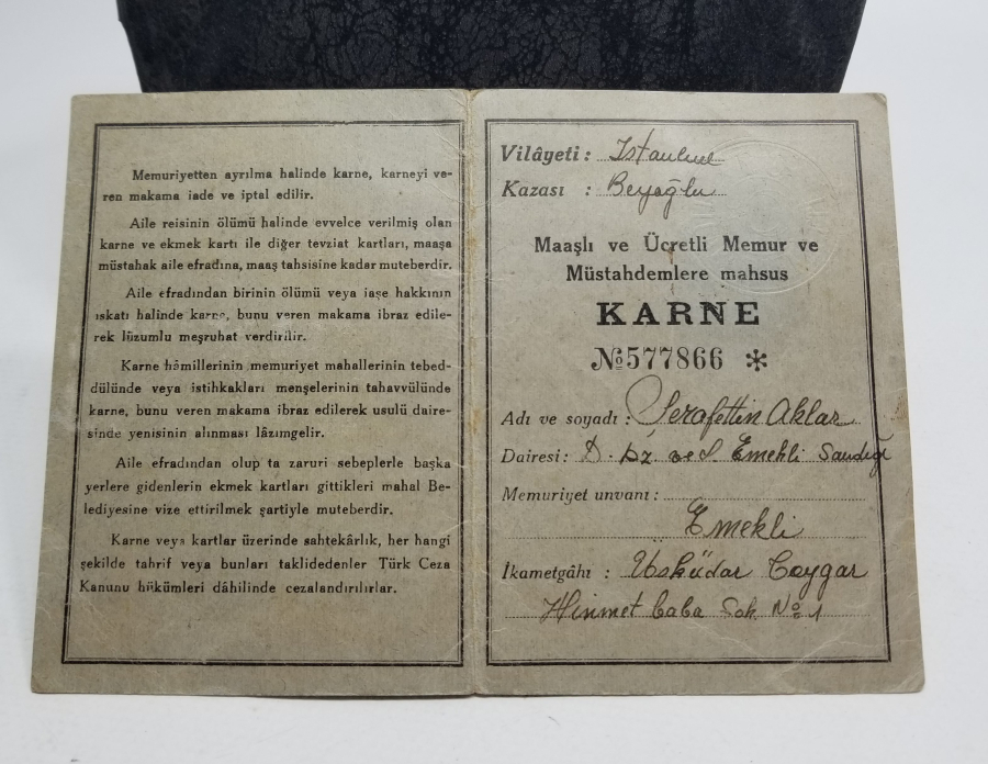 2. DÜNYA SAVAŞI DÖNEMİ NADİR EKMEK KARNESİ