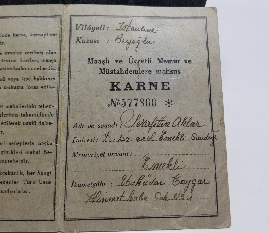 2. DÜNYA SAVAŞI DÖNEMİ NADİR EKMEK KARNESİ