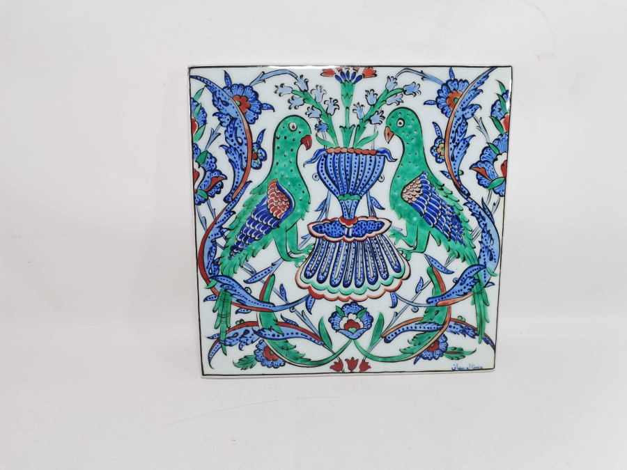 OSMANLICA USTA İMZALI ÇİTE KUMRULAR GÖRSELLİ KÜTAHYA SERAMİK PANO