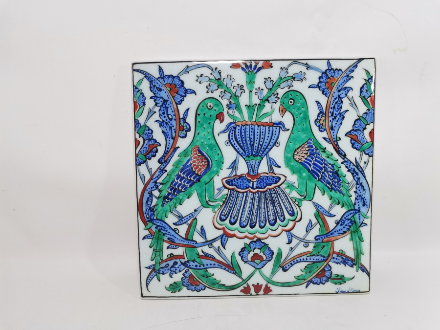 OSMANLICA USTA İMZALI ÇİTE KUMRULAR GÖRSELLİ KÜTAHYA SERAMİK PANO