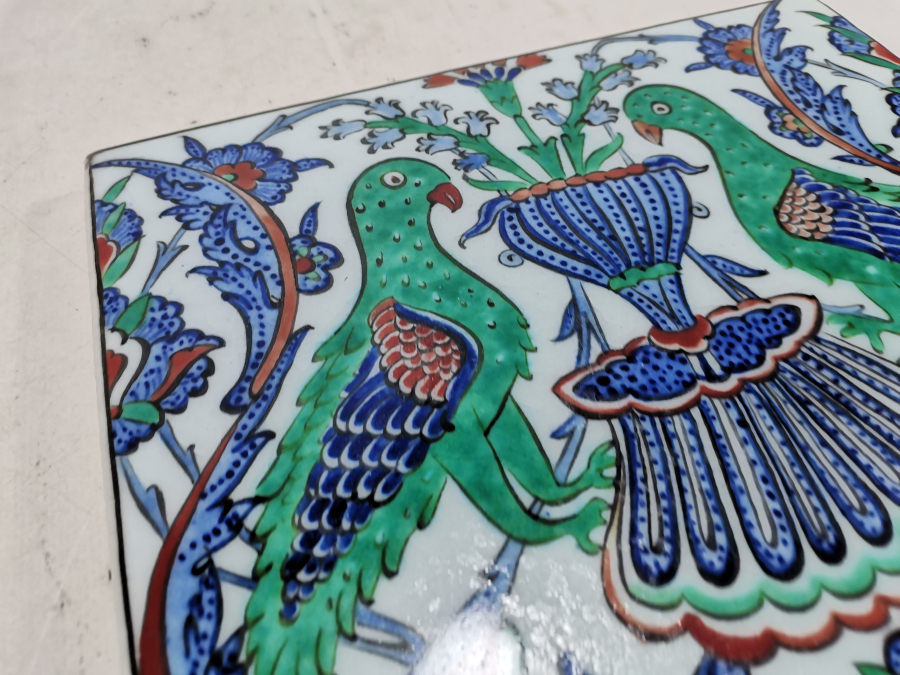 OSMANLICA USTA İMZALI ÇİTE KUMRULAR GÖRSELLİ KÜTAHYA SERAMİK PANO