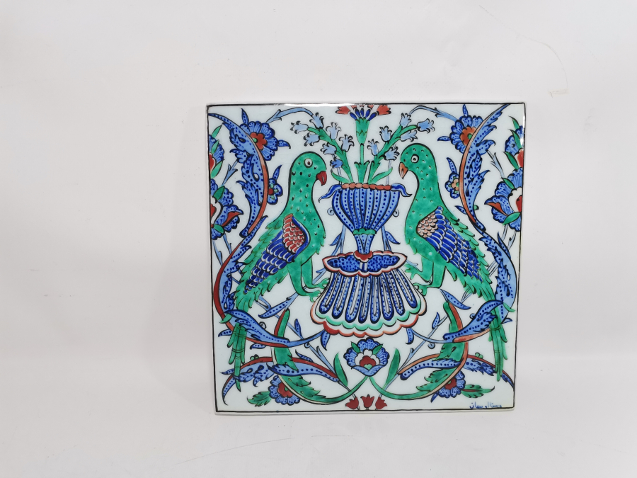 OSMANLICA USTA İMZALI ÇİTE KUMRULAR GÖRSELLİ KÜTAHYA SERAMİK PANO