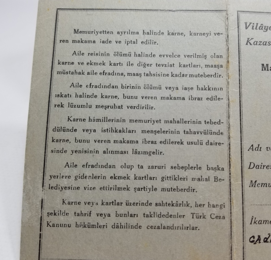2. DÜNYA SAVAŞI DÖNEMİ NADİR EKMEK KARNESİ