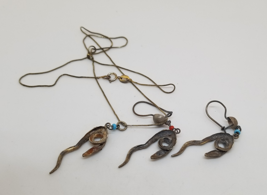 ÖZEL YAPIM YILAN FORMLU ANTİKA KOLYE KÜPE TAKIMI