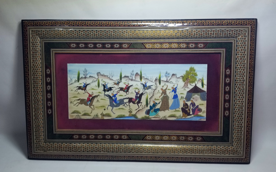 SANATÇI İMZALI EL BOYAMA MARKUTERİ ÇERÇEVESİNDE ANTİKA PANO