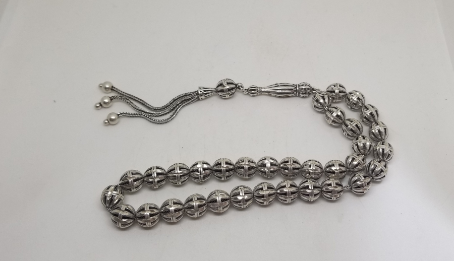 KABARTMA İŞÇİLİKLİ ÖZEL YAPIM GÜMÜŞ TESPİH