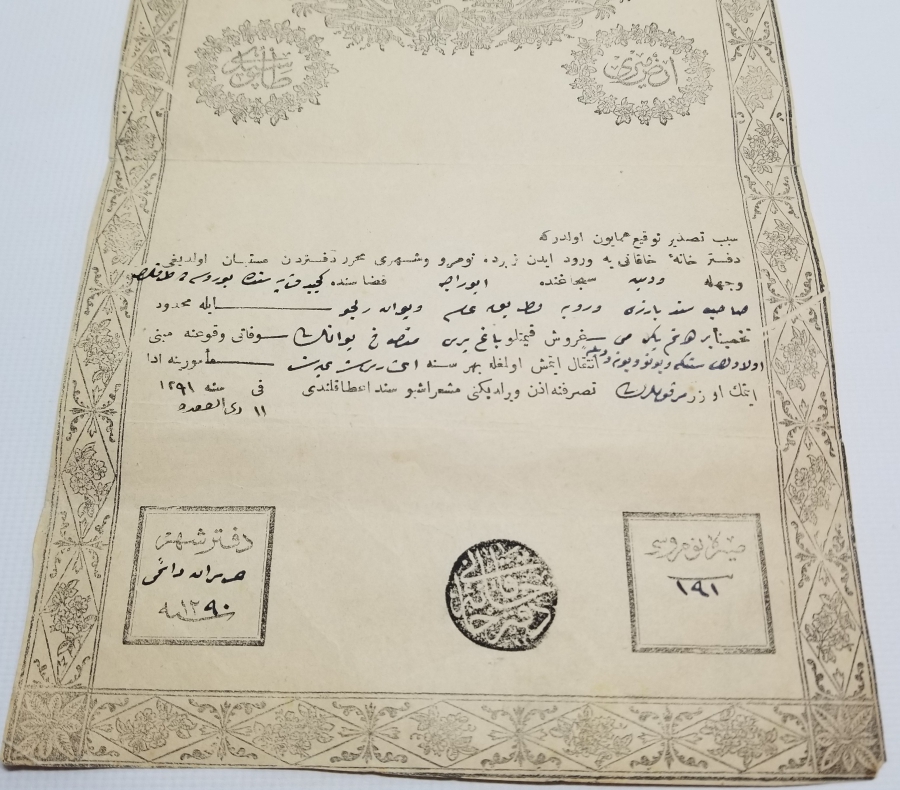 ABDÜLAZİZ HAN DÖNEMİ SARAYDAN VERİLMİŞ EL YAZMA NADİR SENEDİ HAKANİ