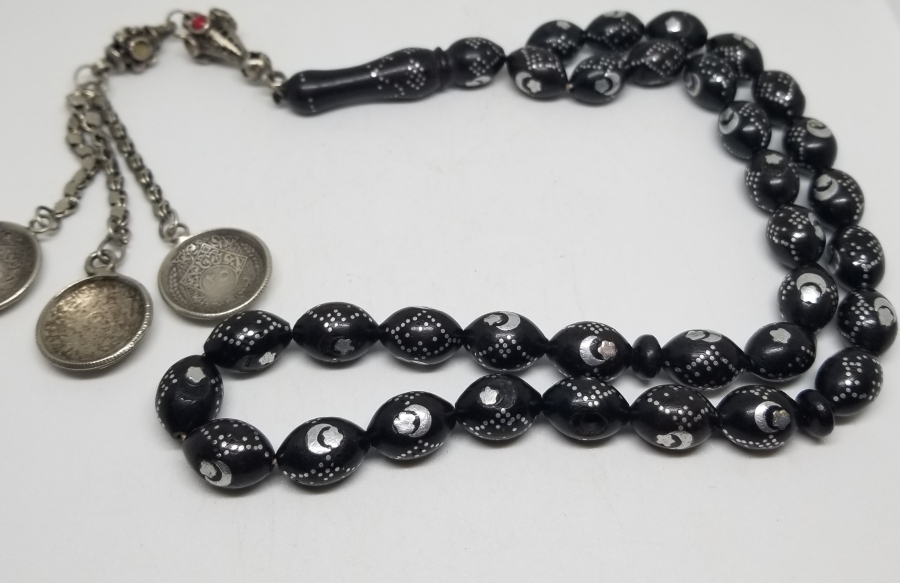 ÜZERİ AY YILDIZ FİGÜRLÜ GÜMÜŞ ÇAKMA İŞÇİLİKLİ ÖZEL YAPIM ANTİKA TESPİH