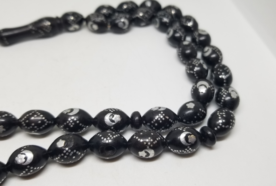 ÜZERİ AY YILDIZ FİGÜRLÜ GÜMÜŞ ÇAKMA İŞÇİLİKLİ ÖZEL YAPIM ANTİKA TESPİH