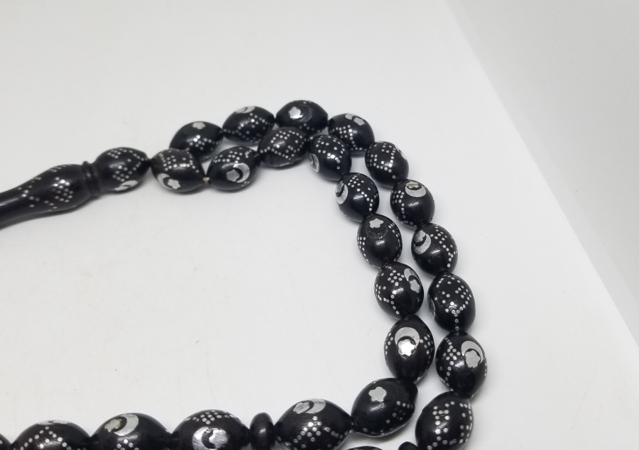 ÜZERİ AY YILDIZ FİGÜRLÜ GÜMÜŞ ÇAKMA İŞÇİLİKLİ ÖZEL YAPIM ANTİKA TESPİH