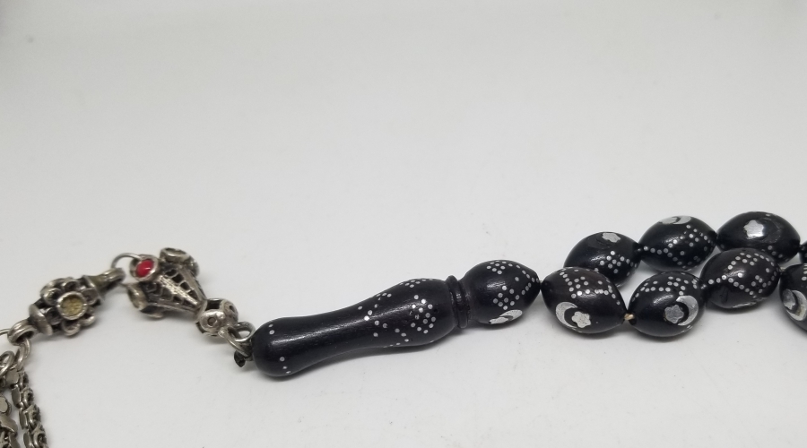 ÜZERİ AY YILDIZ FİGÜRLÜ GÜMÜŞ ÇAKMA İŞÇİLİKLİ ÖZEL YAPIM ANTİKA TESPİH