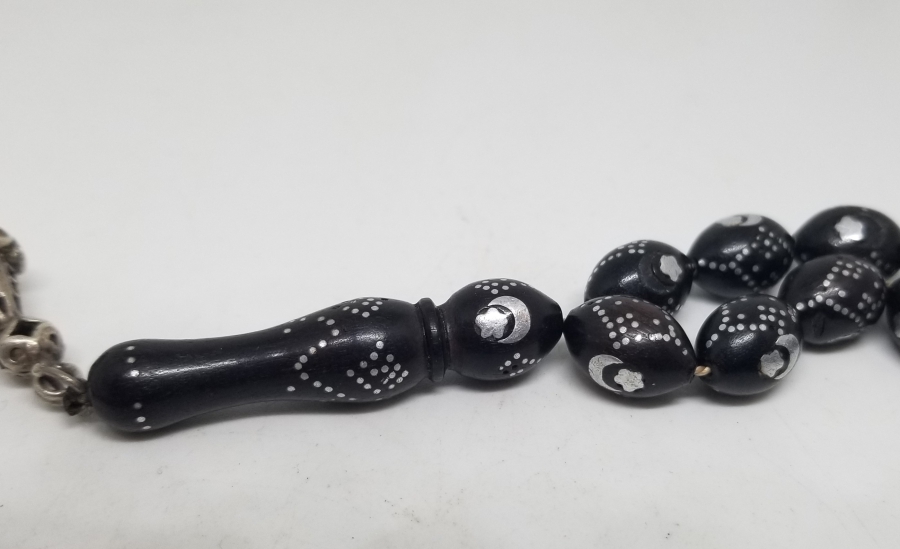 ÜZERİ AY YILDIZ FİGÜRLÜ GÜMÜŞ ÇAKMA İŞÇİLİKLİ ÖZEL YAPIM ANTİKA TESPİH