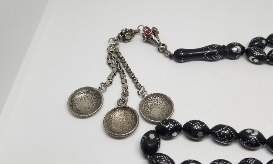 ÜZERİ AY YILDIZ FİGÜRLÜ GÜMÜŞ ÇAKMA İŞÇİLİKLİ ÖZEL YAPIM ANTİKA TESPİH