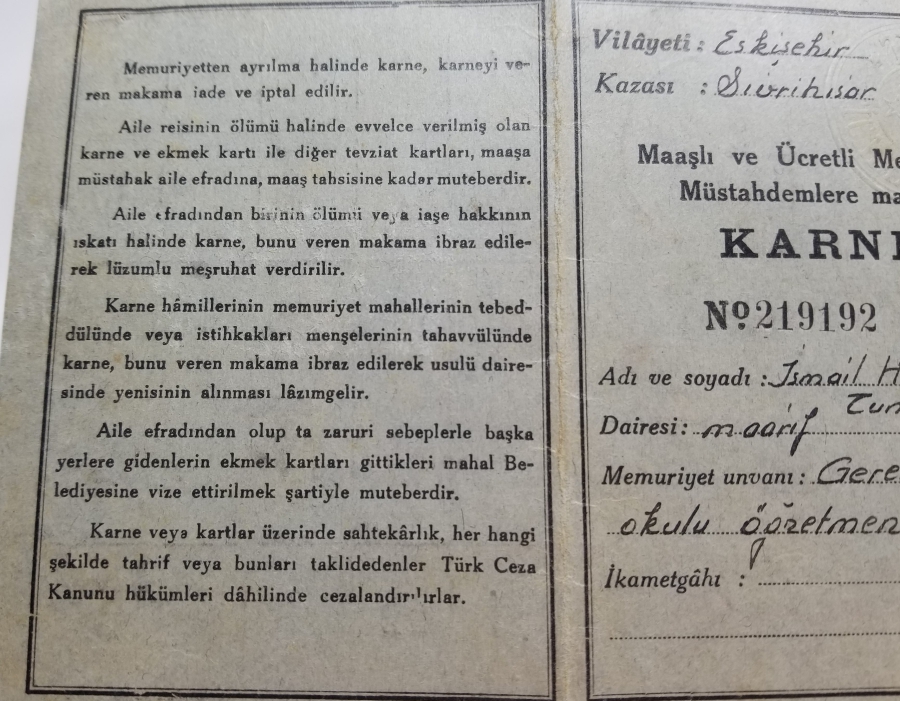 2. DÜNYA SAVAŞI DÖNEMİ NADİR EKMEK KARNESİ