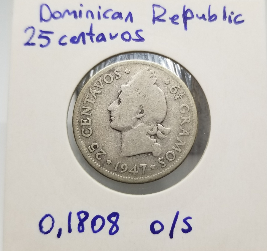 1947 YILI DOMİNİK CUMHURİYETİ GÜMÜŞ 25 CENTAVOS