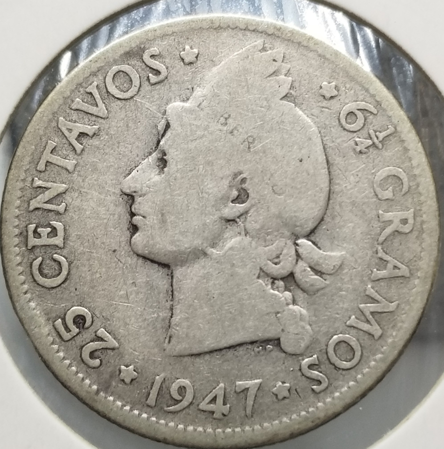 1947 YILI DOMİNİK CUMHURİYETİ GÜMÜŞ 25 CENTAVOS