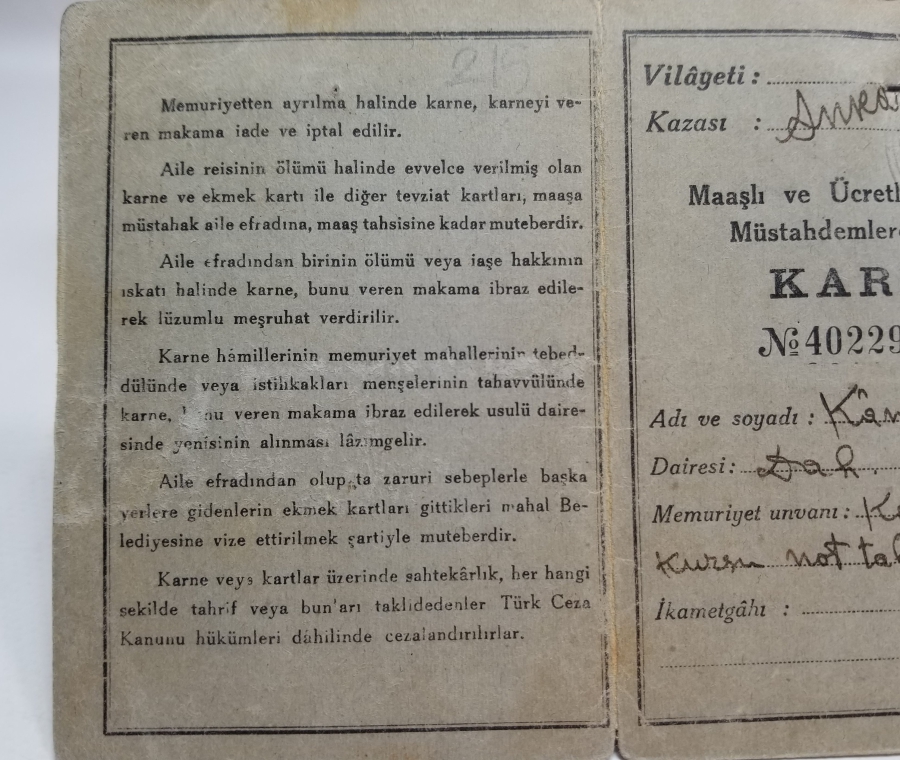 2. DÜNYA SAVAŞI DÖNEMİ NADİR EKMEK KARNESİ