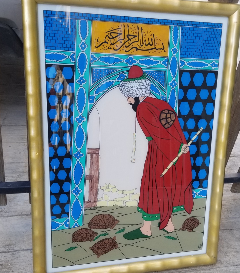 KAPLUMBAĞA TERBİYECİSİ GÖRSELLİ CAMALTI EL BOYAMA TABLO
