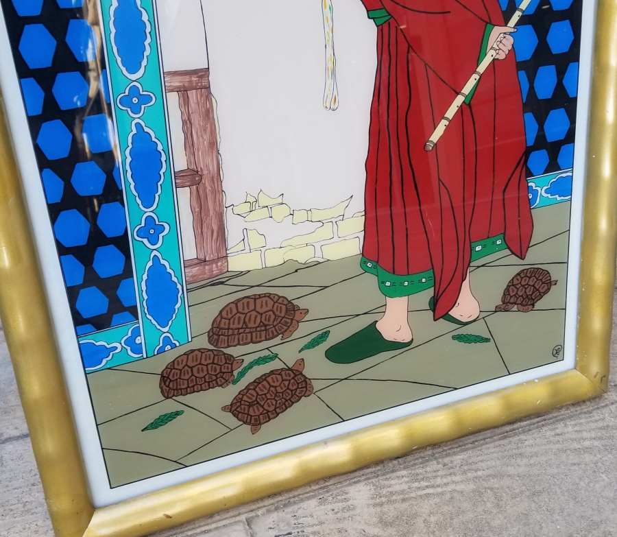 KAPLUMBAĞA TERBİYECİSİ GÖRSELLİ CAMALTI EL BOYAMA TABLO