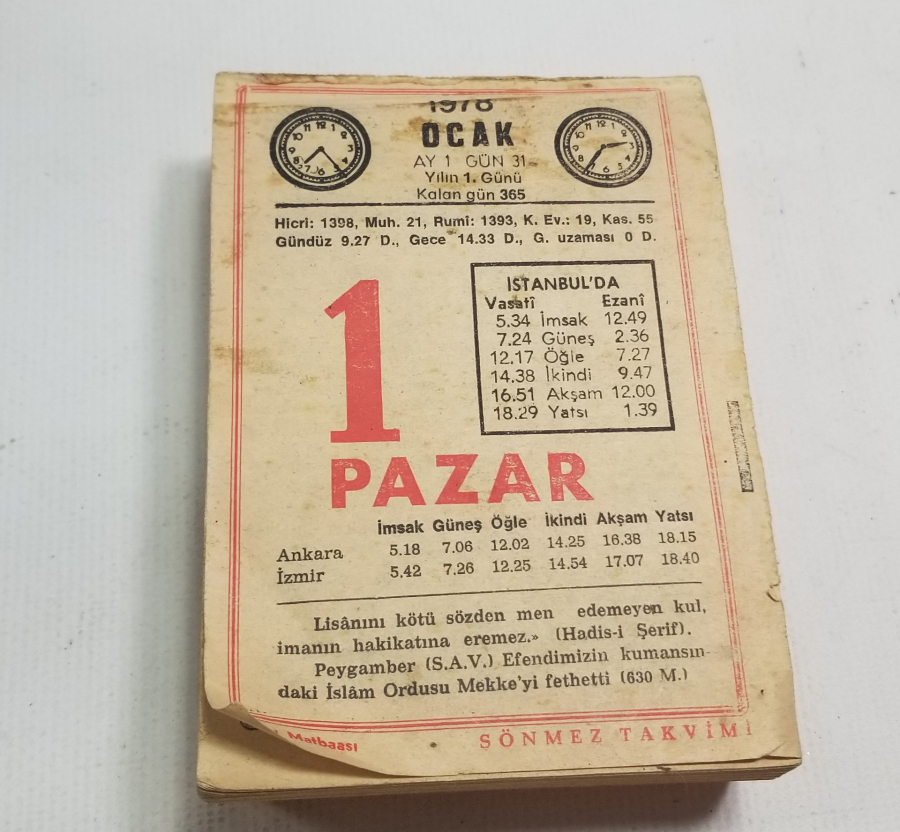 1978 TARİHLİ SAATLİ MAARİF TAKVİMİ