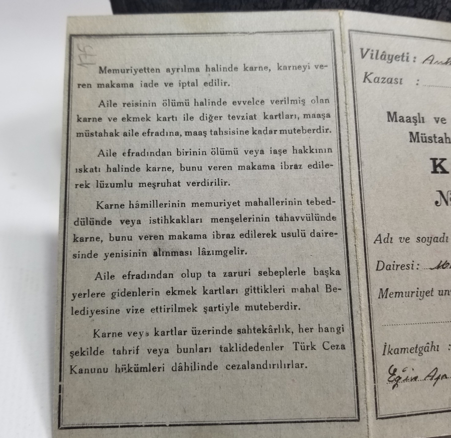 2. DÜNYA SAVAŞI DÖNEMİ NADİR EKMEK KARNESİ