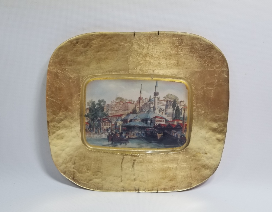 ALTIN VARAKLI CAM ÜZERİ ESKİ İSTANBUL GÖRSELLİ DUVAR TABAĞI