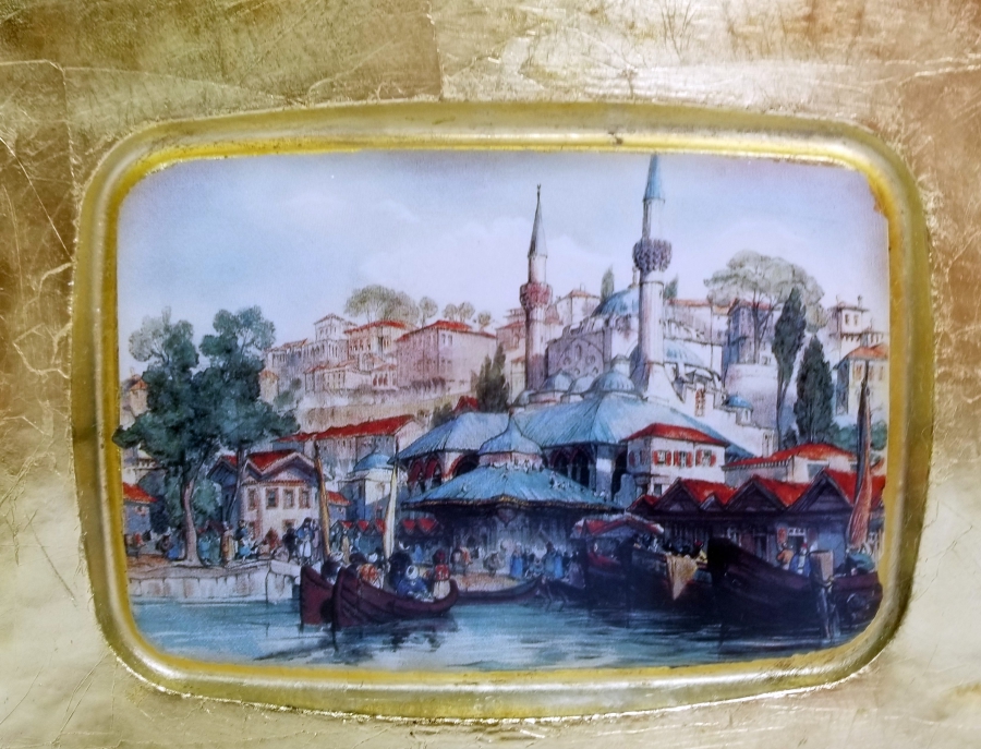 ALTIN VARAKLI CAM ÜZERİ ESKİ İSTANBUL GÖRSELLİ DUVAR TABAĞI