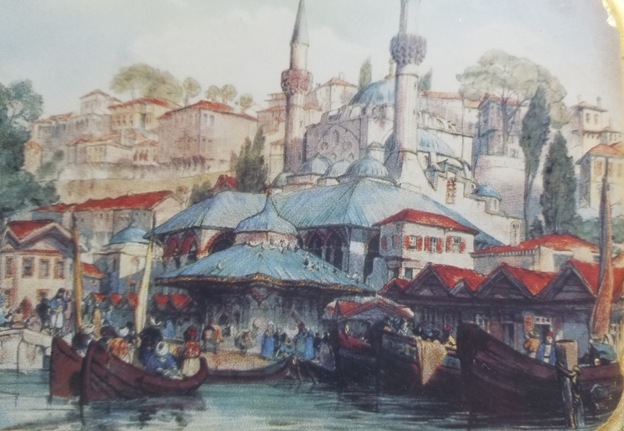 ALTIN VARAKLI CAM ÜZERİ ESKİ İSTANBUL GÖRSELLİ DUVAR TABAĞI