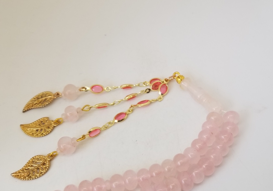ALTIN KAPLAMA PÜSKÜLLÜ PEMBE KUVARS TESPİH