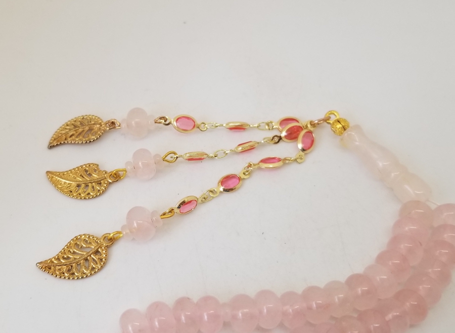 ALTIN KAPLAMA PÜSKÜLLÜ PEMBE KUVARS TESPİH