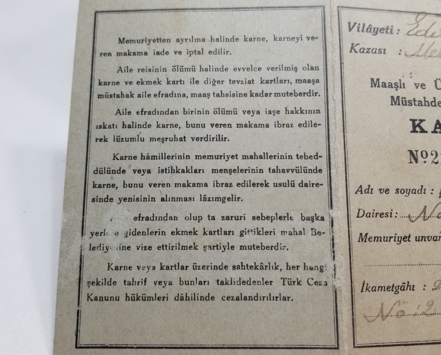 2. DÜNYA SAVAŞI DÖNEMİ NADİR EKMEK KARNESİ