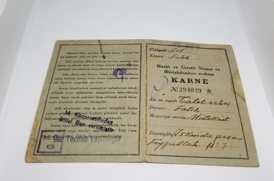 2. DÜNYA SAVAŞI DÖNEMİ NADİR EKMEK KARNESİ